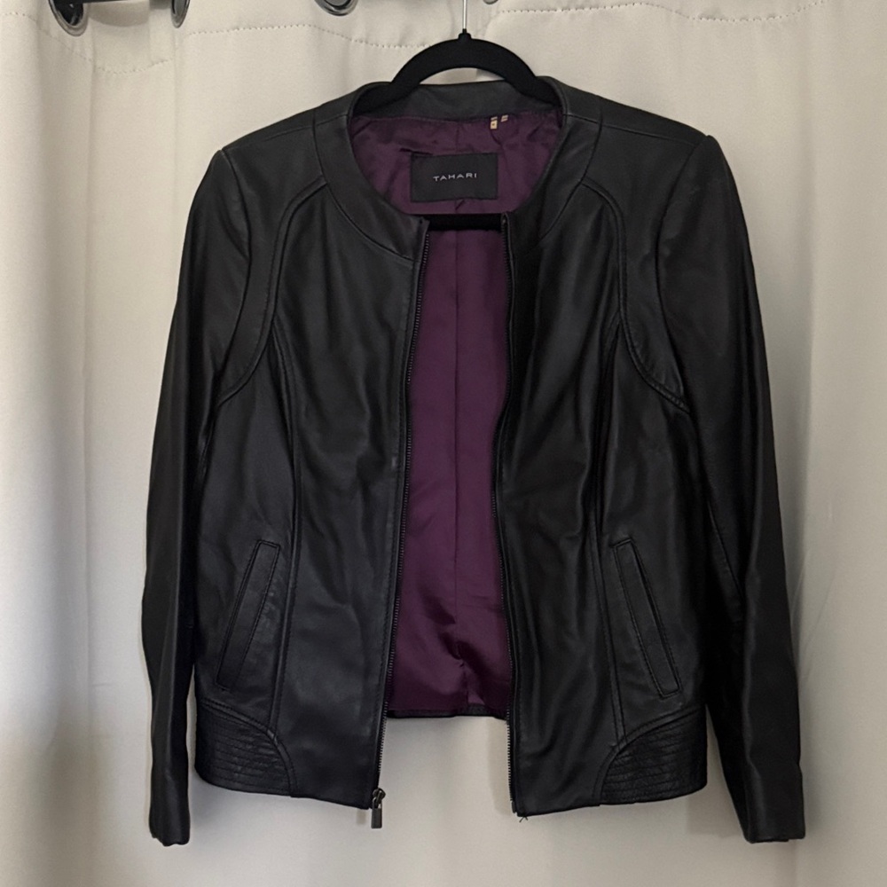Tahari Black Leather Lambskin Jacket for Women Size M Preloved